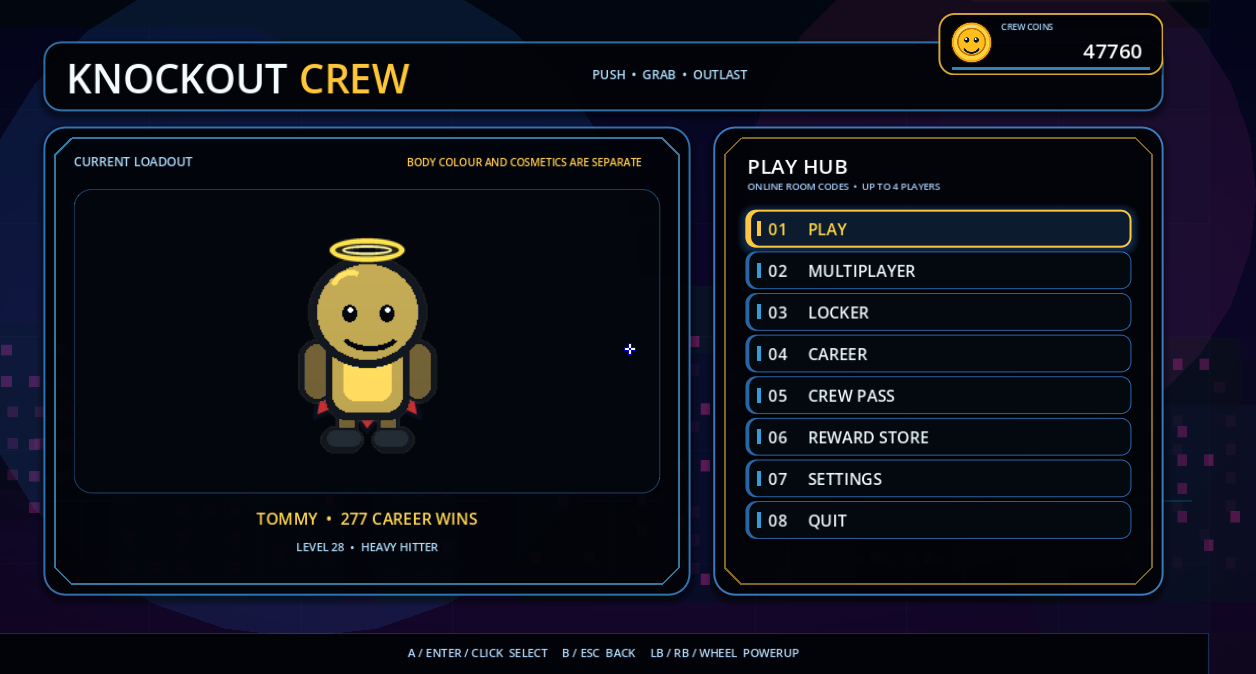 Knockout Crew main menu showing the custom fighter and Play Hub