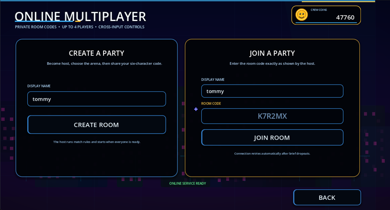 Knockout Crew online multiplayer create and join party screen